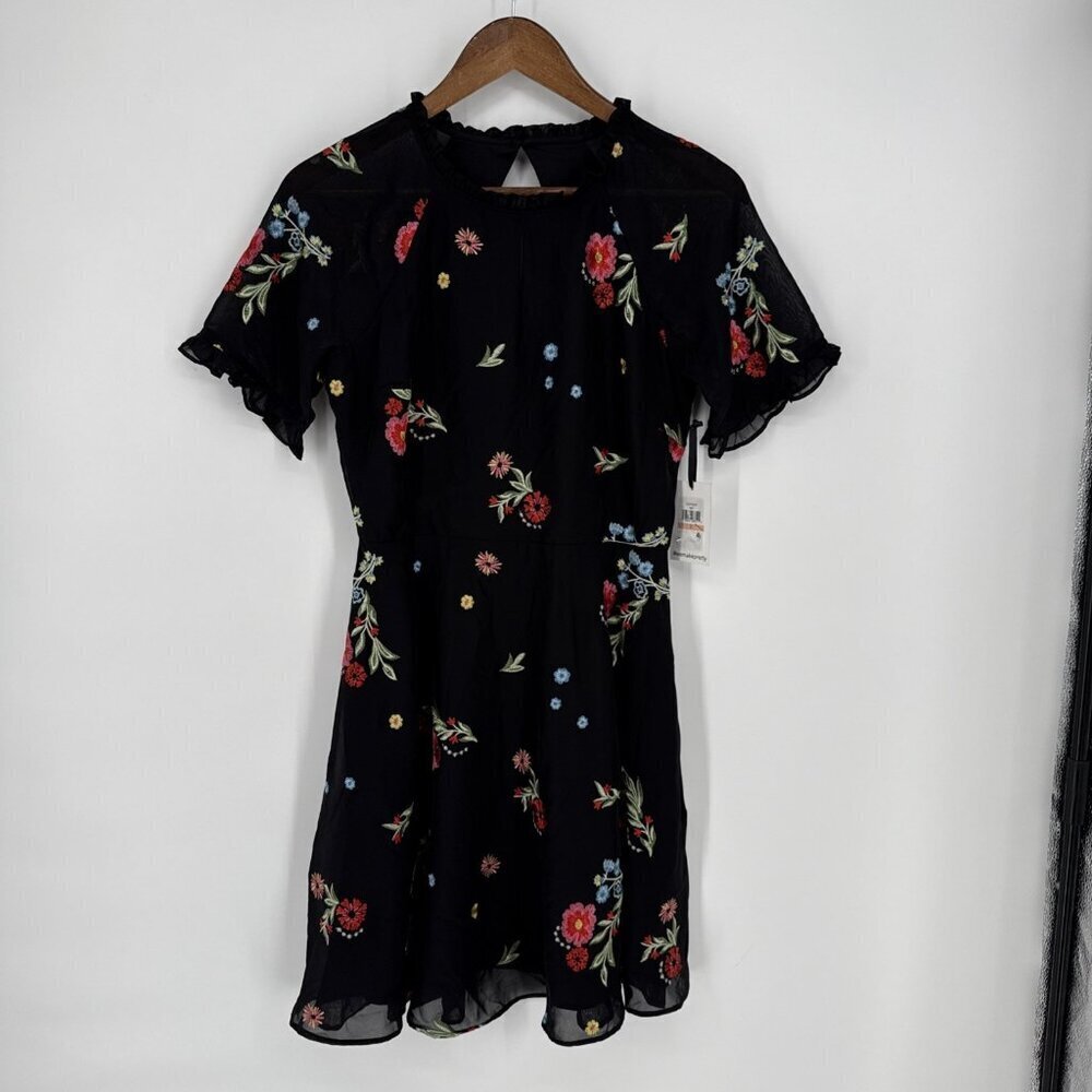 New Kensie Womens Size 2 Black Floral Embroidered Chiffon Back Cutout Dress - Picture 6 of 14